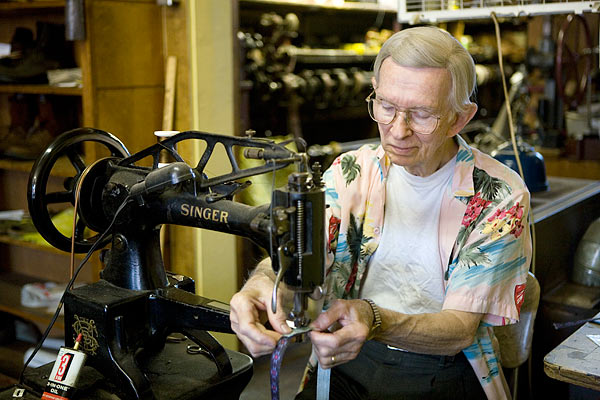 Bob Edgell sewing, Edgell's Shoe Shop, Knox