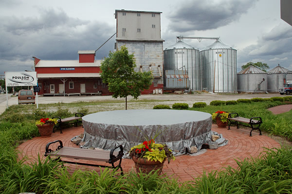 Covered fountain and grain elevator, Etna Green